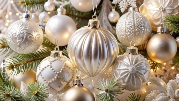 Fototapeta Elegance personified, these Christmas ornaments shine in metallic finishes, complemented by sheer whites, adding a touch of sophistication to your tree.