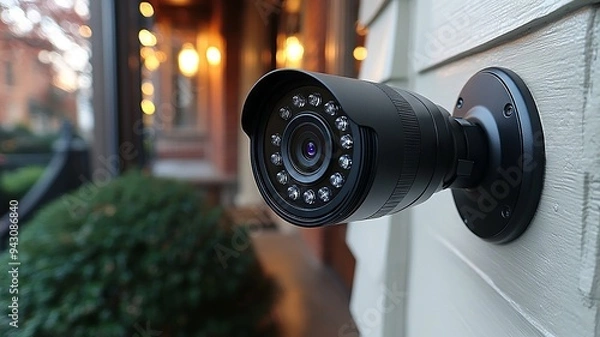 Obraz A Black Security Camera Mounted on a White Wall