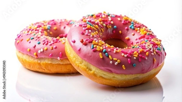 Fototapeta Two delicious donuts with pink frosting and colorful sprinkles on a white background