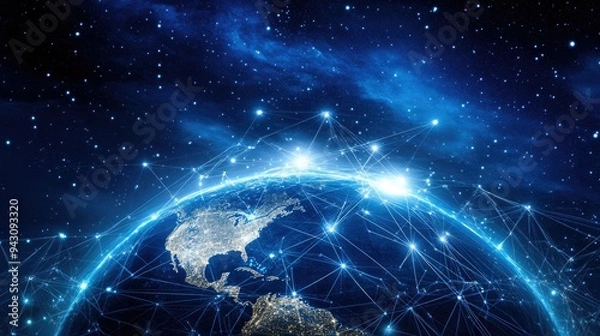 Obraz A 3D globe with connected lines, symbolizing global communication networks.