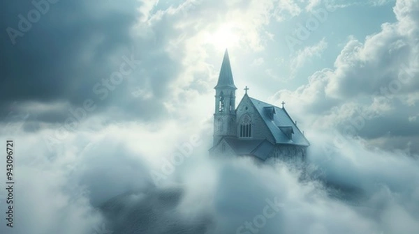 Fototapeta Photo of a church on the clouds, looks like heaven.