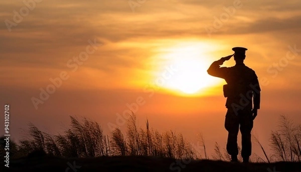 Fototapeta The silhouette of a soldier saluting at sunset, symbolizing respect, military honor, and patriotism against a peaceful evening sky