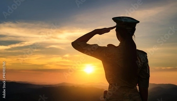 Obraz The silhouette of a soldier saluting at sunset, symbolizing respect, military honor, and patriotism against a peaceful evening sky