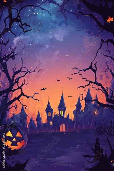 Fototapeta Halloween card or poster vertical party invitation card with copy space for custom text. Halloween poster or background with spooky elements, haunted house, pumpkins, bat in a cute cartoon style