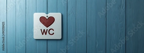 Obraz White WC sign text with red heart near it on blue wall. Symbol of colon illnesses like colon cancer, Irritable Bowel Syndrome, IBS, nutrition, dairy or gluten allergies. Microbiome, transit.
