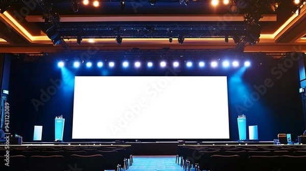Fototapeta Spacious Corporate Event Stage with Large Blank Screen and Professional AV Setup for Business Gatherings