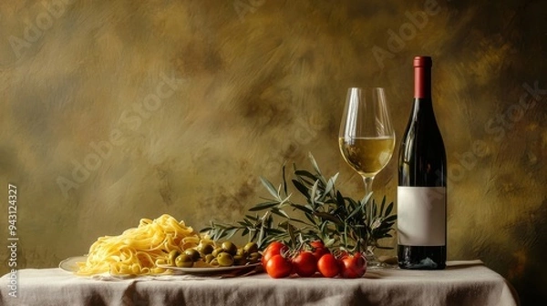 Fototapeta A table covered with a linen tablecloth, olives, white wine and pasta