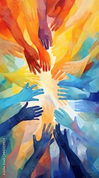 Obraz Vibrant Abstract Unity: Colorful Hands Joined in Diversity. Watercolor Charity Concept Celebrating Inclusion and Humanity. Bright Artistic Representation of Love, Warmth, and Compassion for Marketing 