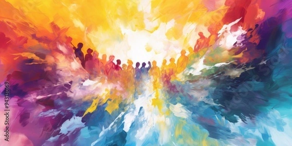 Obraz Vibrant Abstract Unity: Colorful Hands Joined in Diversity. Watercolor Charity Concept Celebrating Inclusion and Humanity. Bright Artistic Representation of Love, Warmth, and Compassion for Marketing 