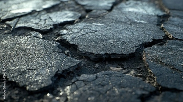 Fototapeta A cracked and broken pavement with a grey color