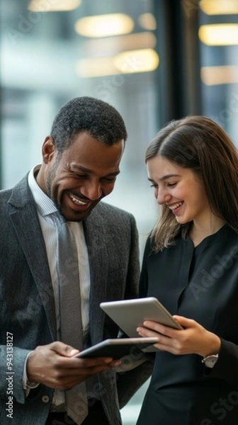 Fototapeta Joyful Corporate Collaboration: Diverse Business Team Laughing Over Tablet. Modern Office Culture Showcasing Inclusivity, Teamwork, and Technology Integration. Elegant Minimalist Design for Marketing 