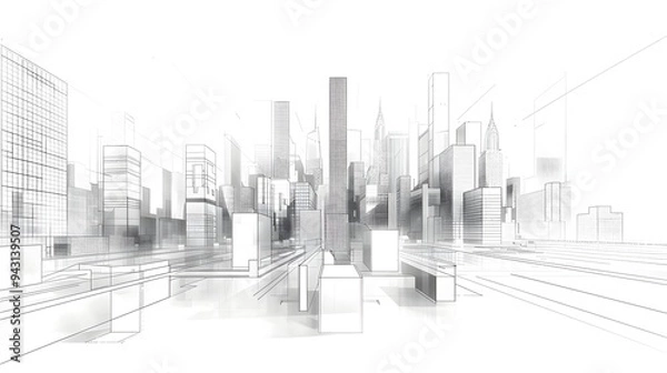 Fototapeta Sleek Abstract Cityscape Line Art Minimalist Modern Architecture Geometric Skyscraper Design on White Background