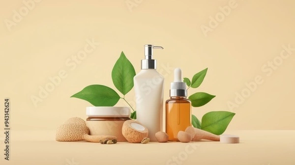 Obraz Eco-friendly skincare products in a natural setting, featuring bottles and jars with green leaves. Ideal for beauty and wellness promotions.