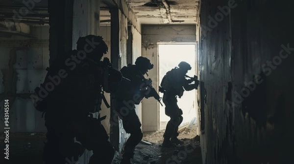 Obraz Three soldiers in tactical gear advance cautiously through a dimly lit, abandoned building during a mission.