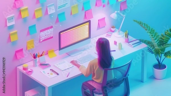 Obraz An isometric 3D scene of a user at a computer, planning a digital marketing strategy with sticky notes, calendars, and flowcharts on the desk, all neatly arranged in a modern workspace, isolated on a