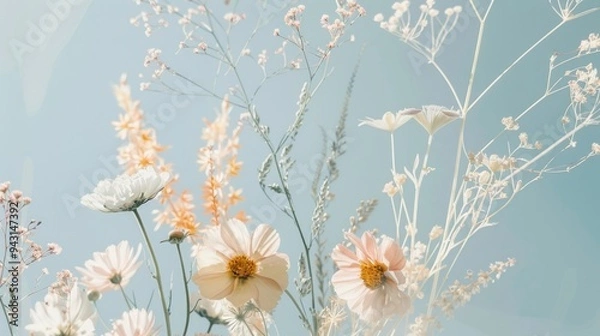 Fototapeta Soft pastel flowers with delicate petals sway gently, creating a serene and peaceful ambience against a blue backdrop.