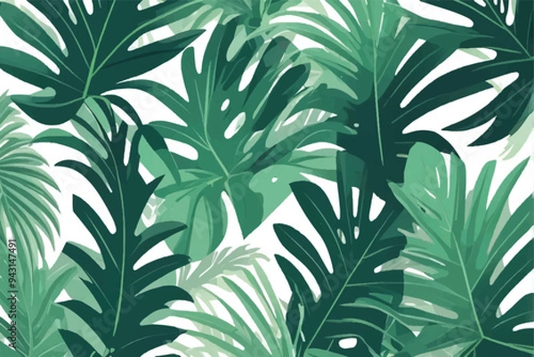 Obraz green monstera pattern white background. exotic pattern with tropical leaves. Vector illustration. monstera leaf pattern. Tropical palm leaves. Exotic