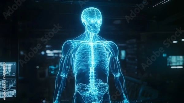 Fototapeta 1. **Create a futuristic scene featuring a hologram of a human body, with detailed anatomical structures illuminated in a vibrant blue glow. The hologram should be displayed against a dark background