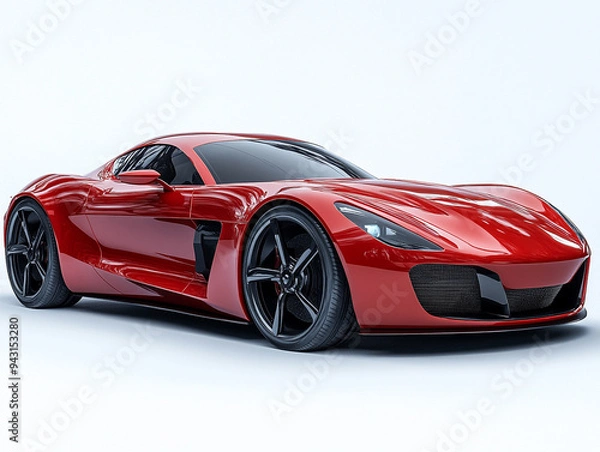 Fototapeta Sleek red sports car with modern design, showcasing aerodynamic curves and high-performance features in a clean studio setting, isolated on white background