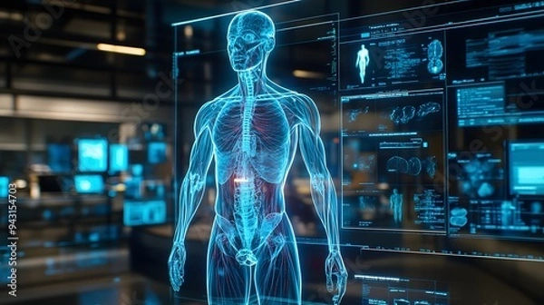 Fototapeta 9. **Create a holographic human body in a medical training setting, with emphasis on detailed anatomical features and interactive elements. The hologram should be displayed as a teaching aid, with