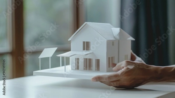 Fototapeta Hands delicately present a pristine white model house indoors, signifying ideas of new beginnings, architectural dreams, and meticulous craftsmanship.