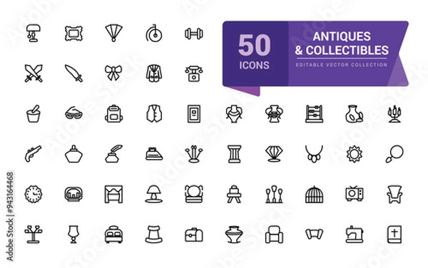 Fototapeta Antiques and Collectibles icon collection. Set of Antique Collectibles Icons. Minimal Linear icon editable vector stroke illustration.