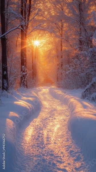 Fototapeta Snow-Covered Forest Path at Sunrise with Golden Sunlight Reflecting Off Ice, Capturing the Serene Beauty of a Winter Wonderland