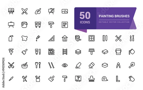 Fototapeta Brushes and painting line icons. Contains such as spray, paint bucket and more. Pixel perfect, minimalistic web and UI icon. Outline icon collections.
