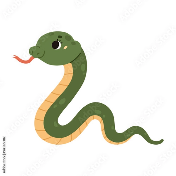 Fototapeta Cute funny snake with big eyes and cheeks. A satisfied green reptile with a yellow striped belly crawls. Kawaii character. Wild animal. Cartoon style. Vector illustration isolated on white background.