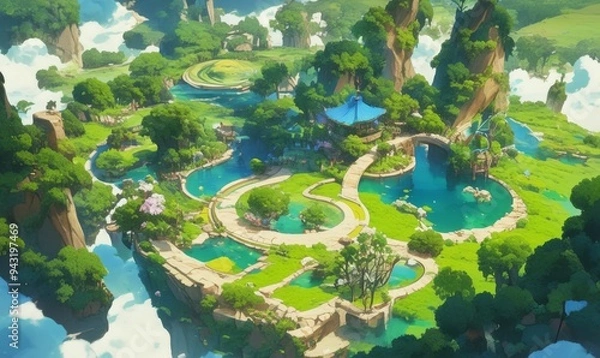 Fototapeta Enchanted Forest Game Board: Top-View Fantasy Landscape with Floating Islands. Abstract Anime-Style Concept Art for Video Games, Book Illustrations, and Marketing Campaigns. Minimalist Digital Paintin