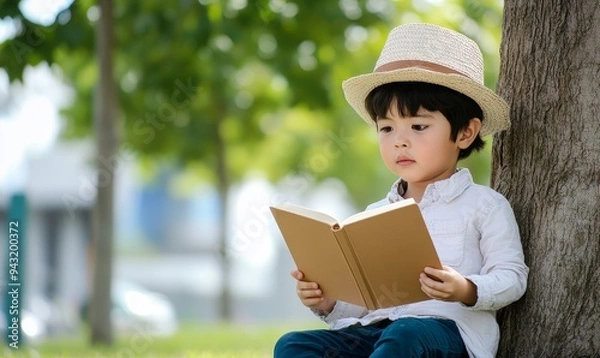 Fototapeta young boy reading book leaning against tree in park on sunny day.