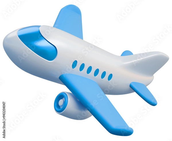 Obraz Flying plane icon. Cute, cartoon 3d realistic white airplane with blue portholes and wings, perspective view