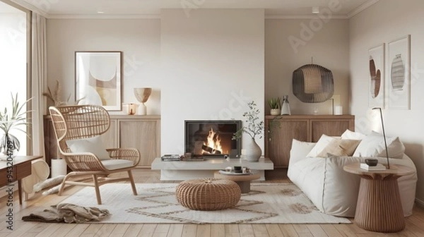 Fototapeta A modern living room with a Scandinavian and hygge design, white sofa with a wicker pouf i, a rattan lounge chair, A white coffee table.