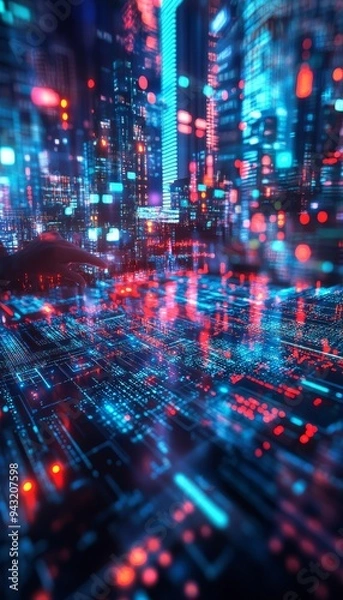 Fototapeta Futuristic Cityscape With Glowing Lines, Blur, and Circuit Board Pattern, Digital Art