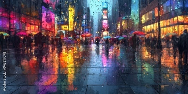 Obraz Rainy night cityscape with colorful reflections.