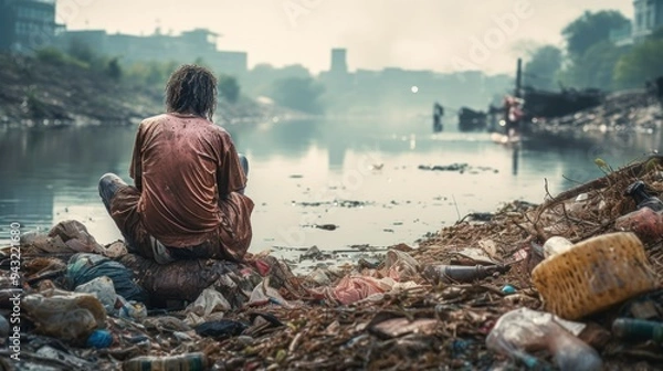 Fototapeta A lone person in a tattered outfit gazing at a polluted river filled with plastic waste 