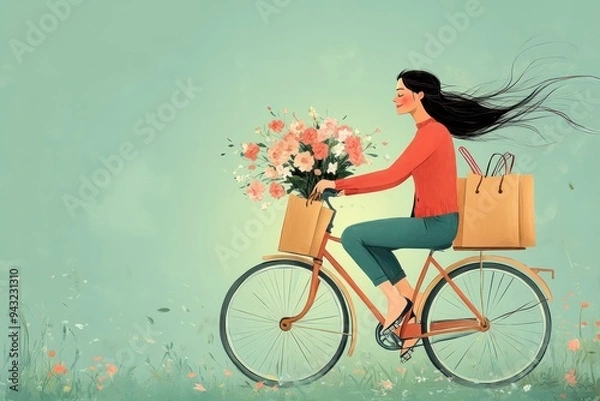 Obraz Woman in red sweater biking with flowers and bags