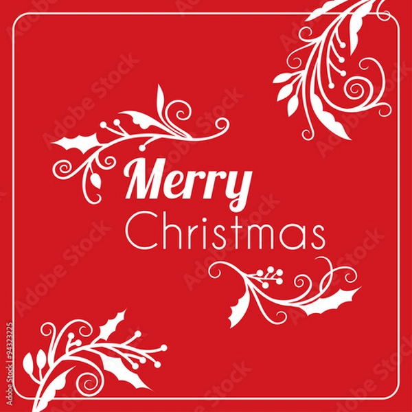 Fototapeta Christmas Postcard Decorative Greeting with Branches, Berries and Typographic Design Elements on Red Background. Hand Drawn Vector Illustration