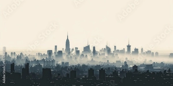 Fototapeta Trendy minimalistic cityscape poster featuring a hazy skyline at dawn with iconic structures and subdued colors