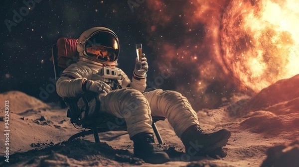 Fototapeta Astronaut Relaxing with a Drink in Space