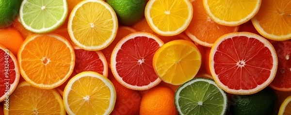 Fototapeta A vibrant assortment of fresh citrus fruit slices including lemons, oranges, grapefruits, and limes, showcasing colorful and healthy produce.