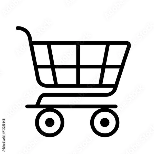 Fototapeta This illustration features a minimalist black line drawing of a shopping cart, commonly associated with retail shopping and consumer activities