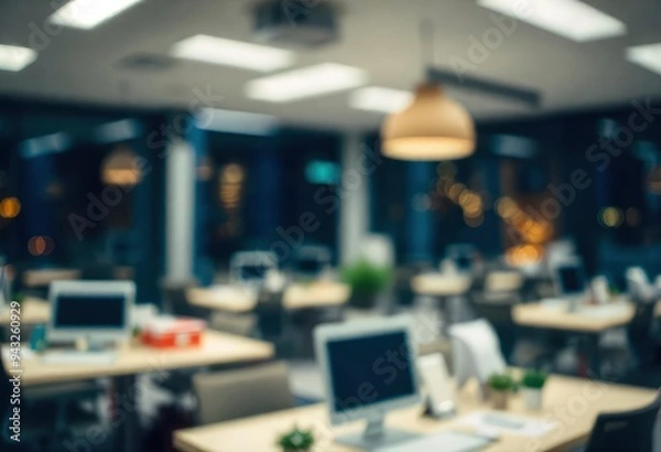 Fototapeta At night beautiful Abstract blurred office interior room. blurry working space with defocused effect, ai