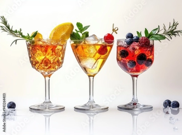 Obraz Cocktails of different colors, with transparent ice and with berries decoration on the edge of martini glasses