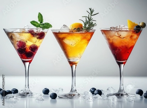 Obraz Cocktails of different colors, with transparent ice and with berries decoration on the edge of martini glasses