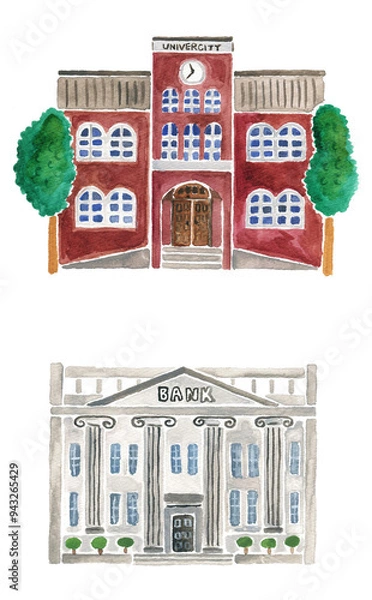 Fototapeta 水彩で描かれた日本の建物２棟、大学と銀行のセット