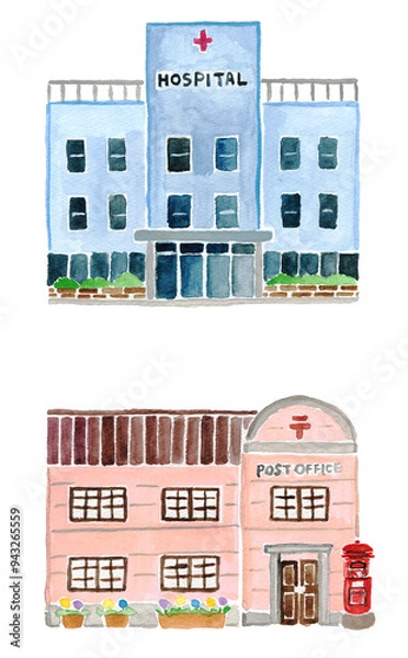 Fototapeta 水彩で描かれた日本の建物２棟、病院と郵便局のセット