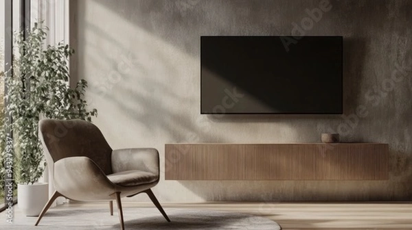 Fototapeta 3D rendering of a minimal style TV cabinet mockup mounted on the wall with an accompanying armchair