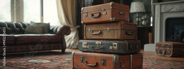 Fototapeta 3D rendering of a vintage tower design concept featuring a pile of ancient suitcases as travel luggage in a classic living room setting