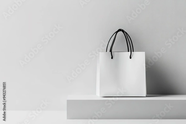 Fototapeta White shopping bag on minimalistic shelf, light background